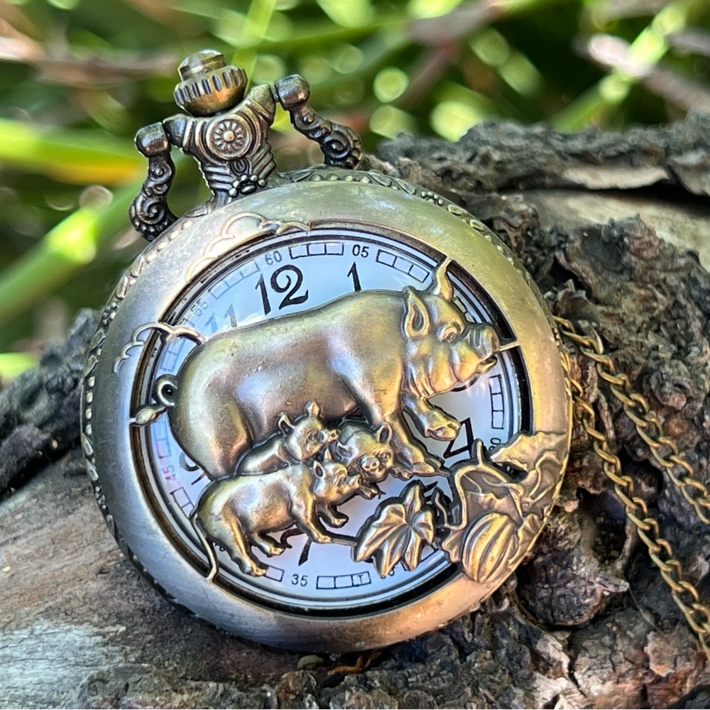 Chinese Zodiac Brass Tone Pocket Watch with Chain – 31”
